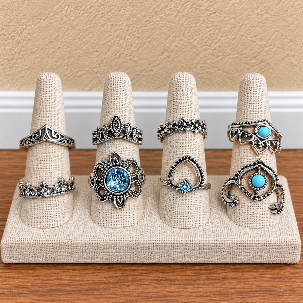 8pc Silver Blue Gothic Ring Set Bohemian Fairycore Victorian Fantasy Jewelry